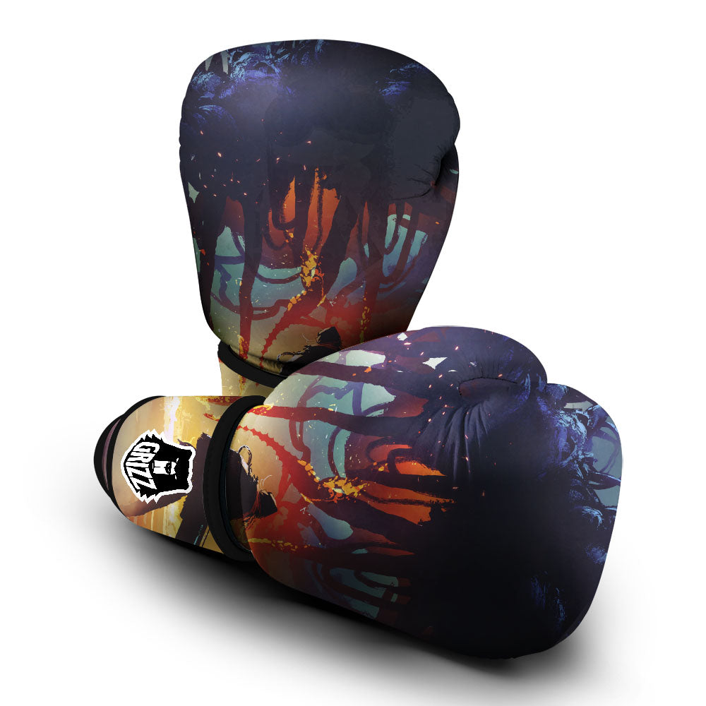 Girl Fight With Alien Octopus Monster Print Boxing Gloves-grizzshop