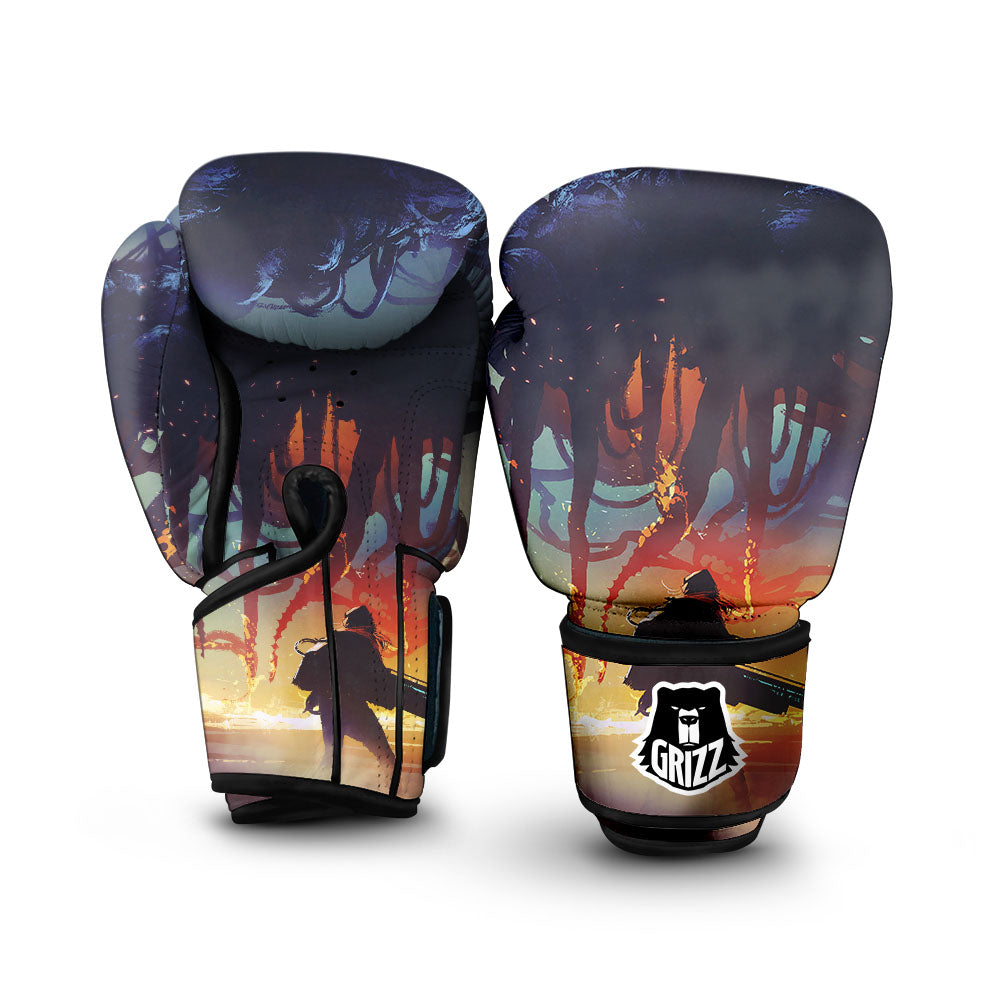 Girl Fight With Alien Octopus Monster Print Boxing Gloves-grizzshop