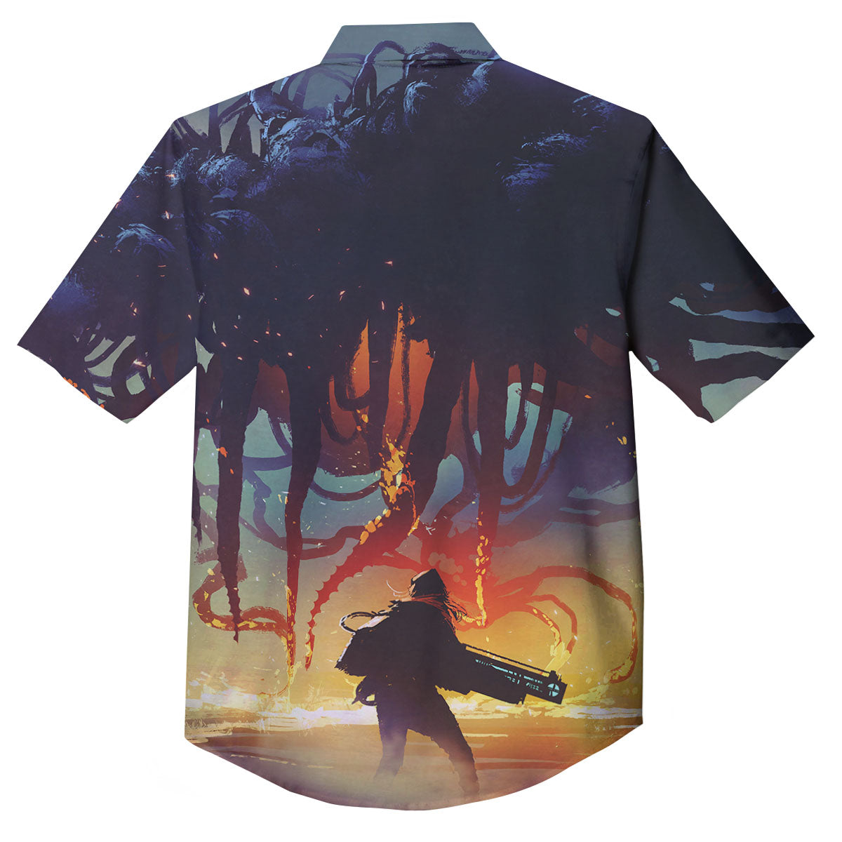 Girl Fight With Alien Octopus Monster Print Button Up Shirt-grizzshop