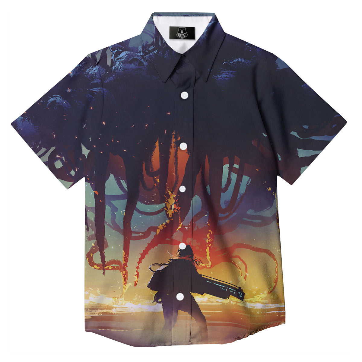 Girl Fight With Alien Octopus Monster Print Button Up Shirt-grizzshop