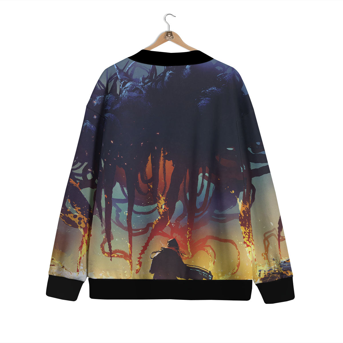 Girl Fight With Alien Octopus Monster Print Cardigan-grizzshop