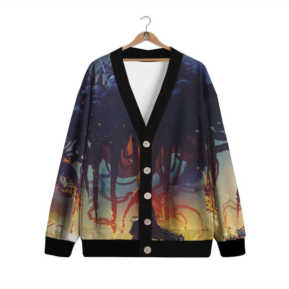 Girl Fight With Alien Octopus Monster Print Cardigan-grizzshop