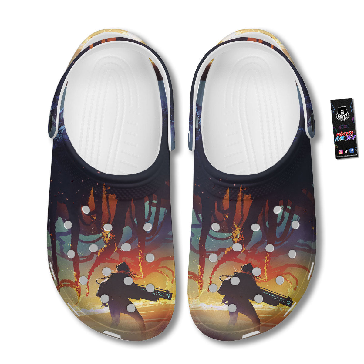 Girl Fight With Alien Octopus Monster Print Clog-grizzshop