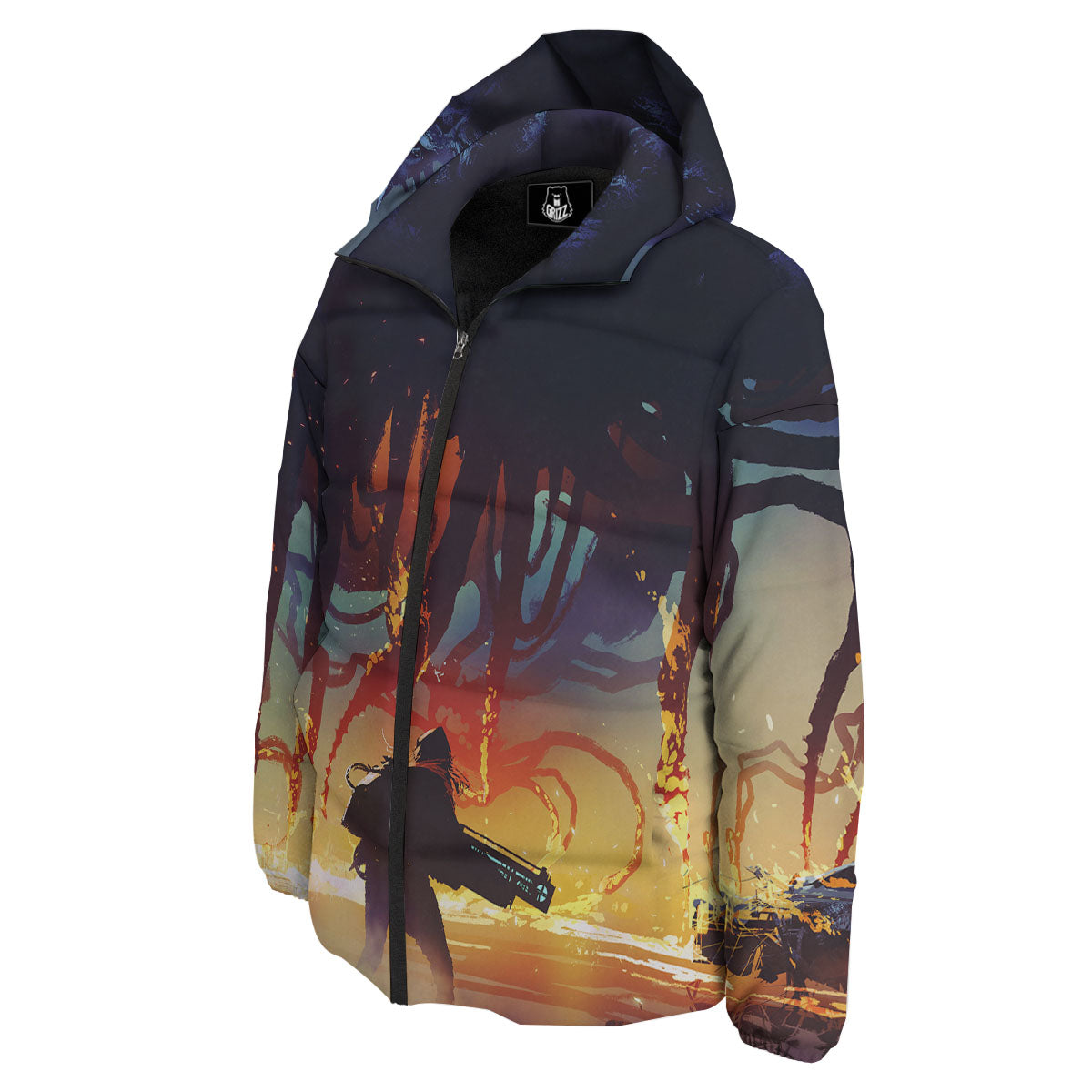 Girl Fight With Alien Octopus Monster Print Down Jacket-grizzshop
