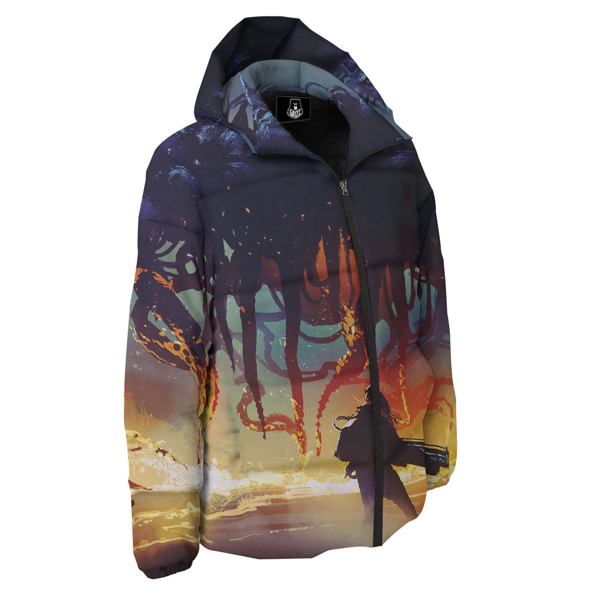 Girl Fight With Alien Octopus Monster Print Down Jacket-grizzshop