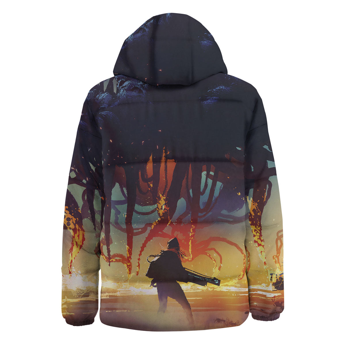 Girl Fight With Alien Octopus Monster Print Down Jacket-grizzshop