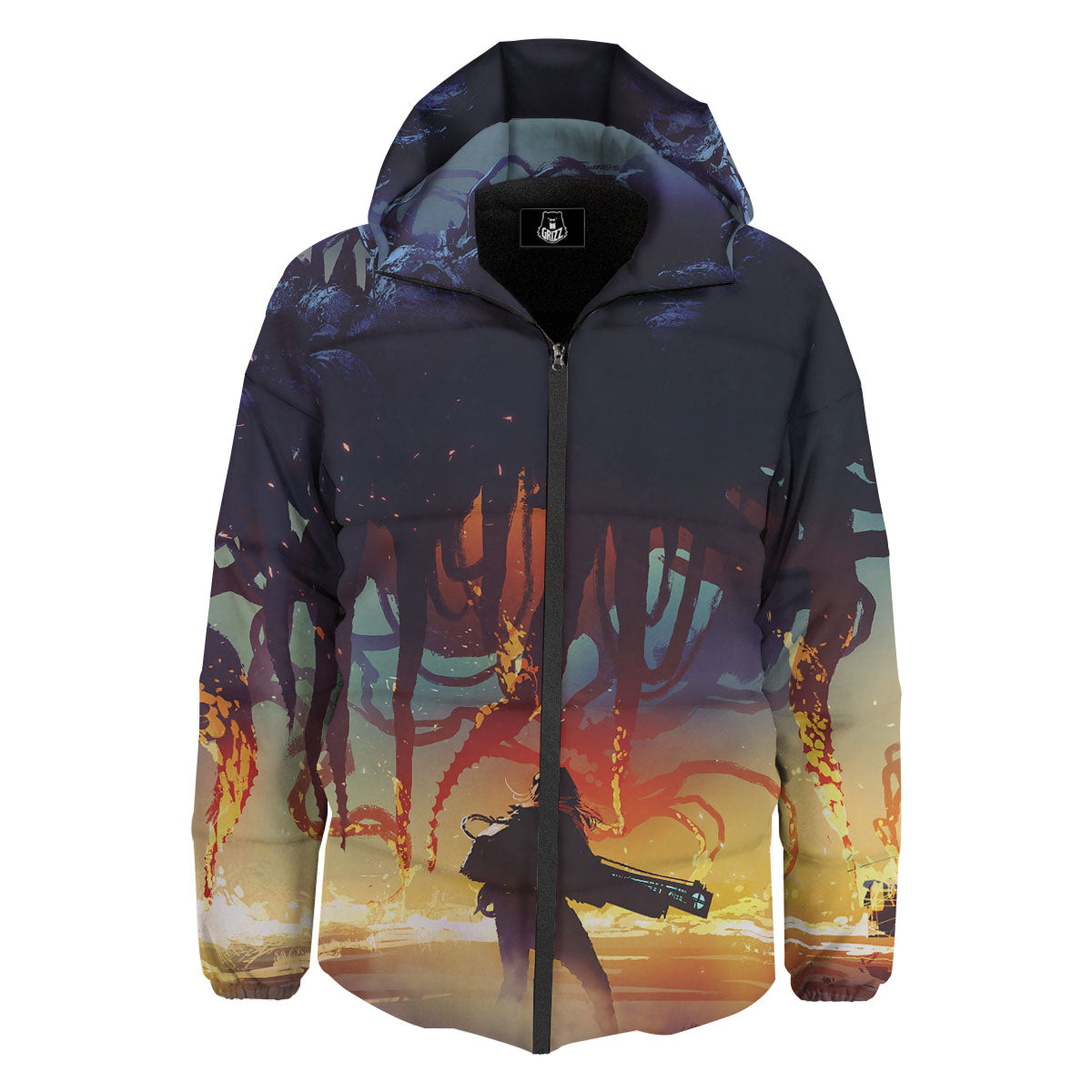 Girl Fight With Alien Octopus Monster Print Down Jacket-grizzshop