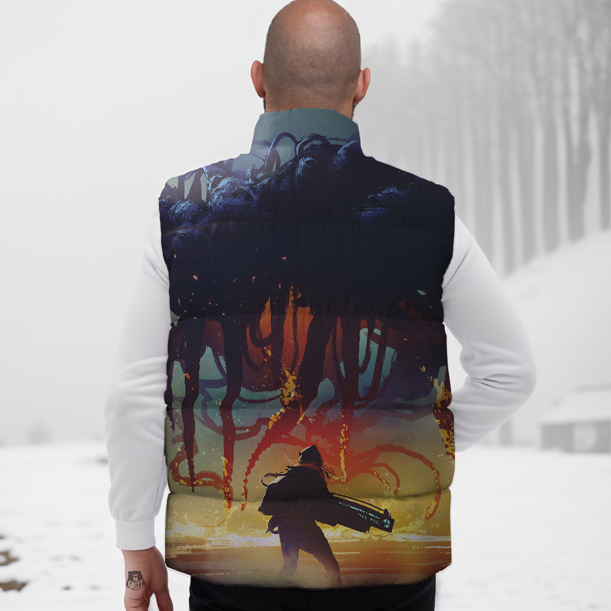 Girl Fight With Alien Octopus Monster Print Down Vest