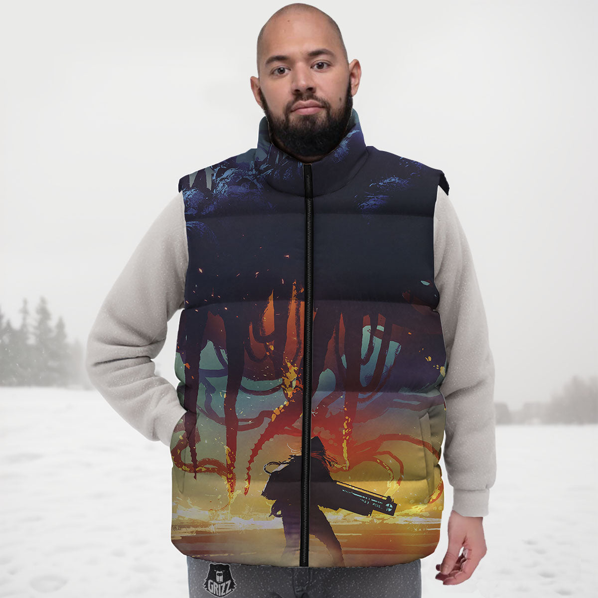 Girl Fight With Alien Octopus Monster Print Down Vest