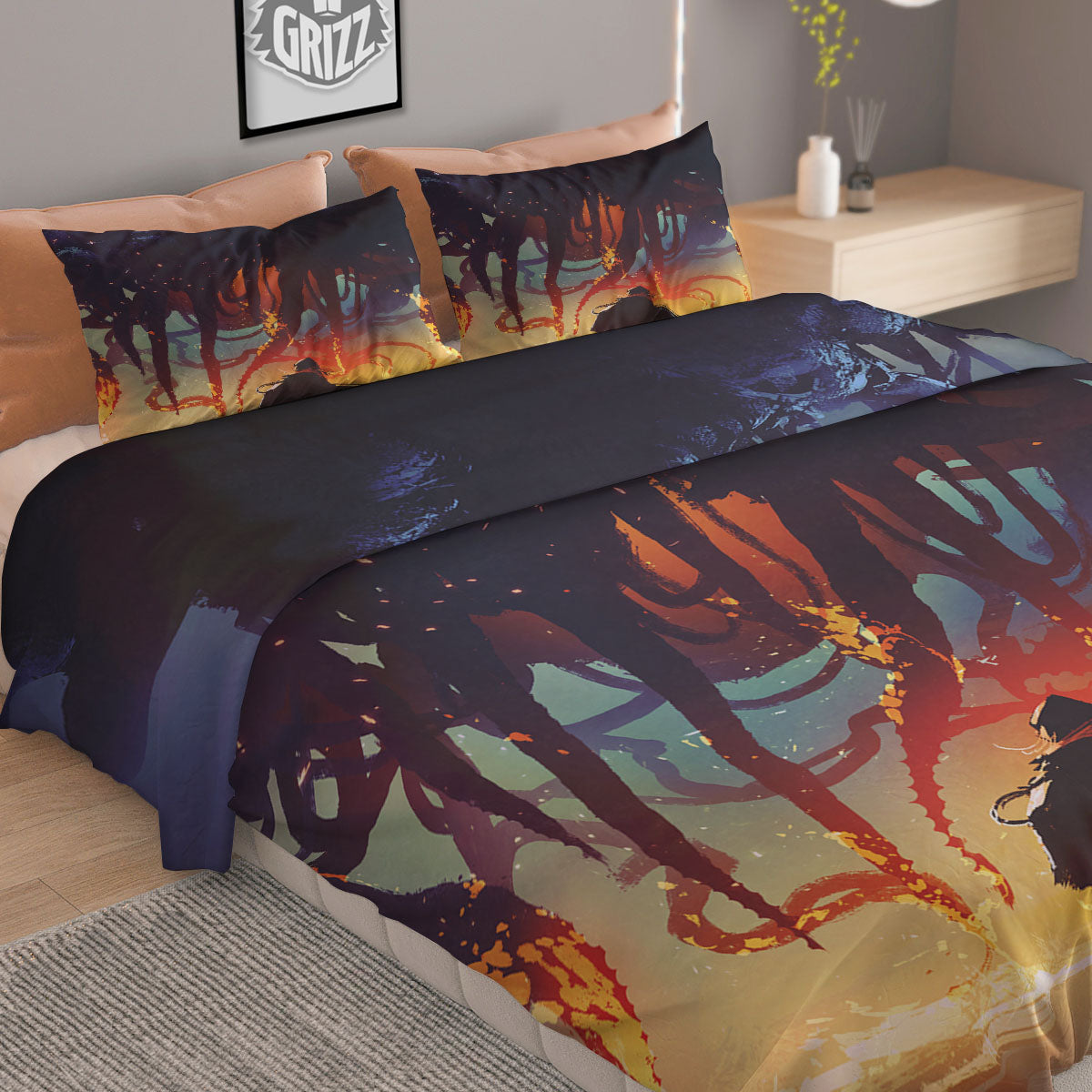 Girl Fight With Alien Octopus Monster Print Duvet Cover Bedding Set