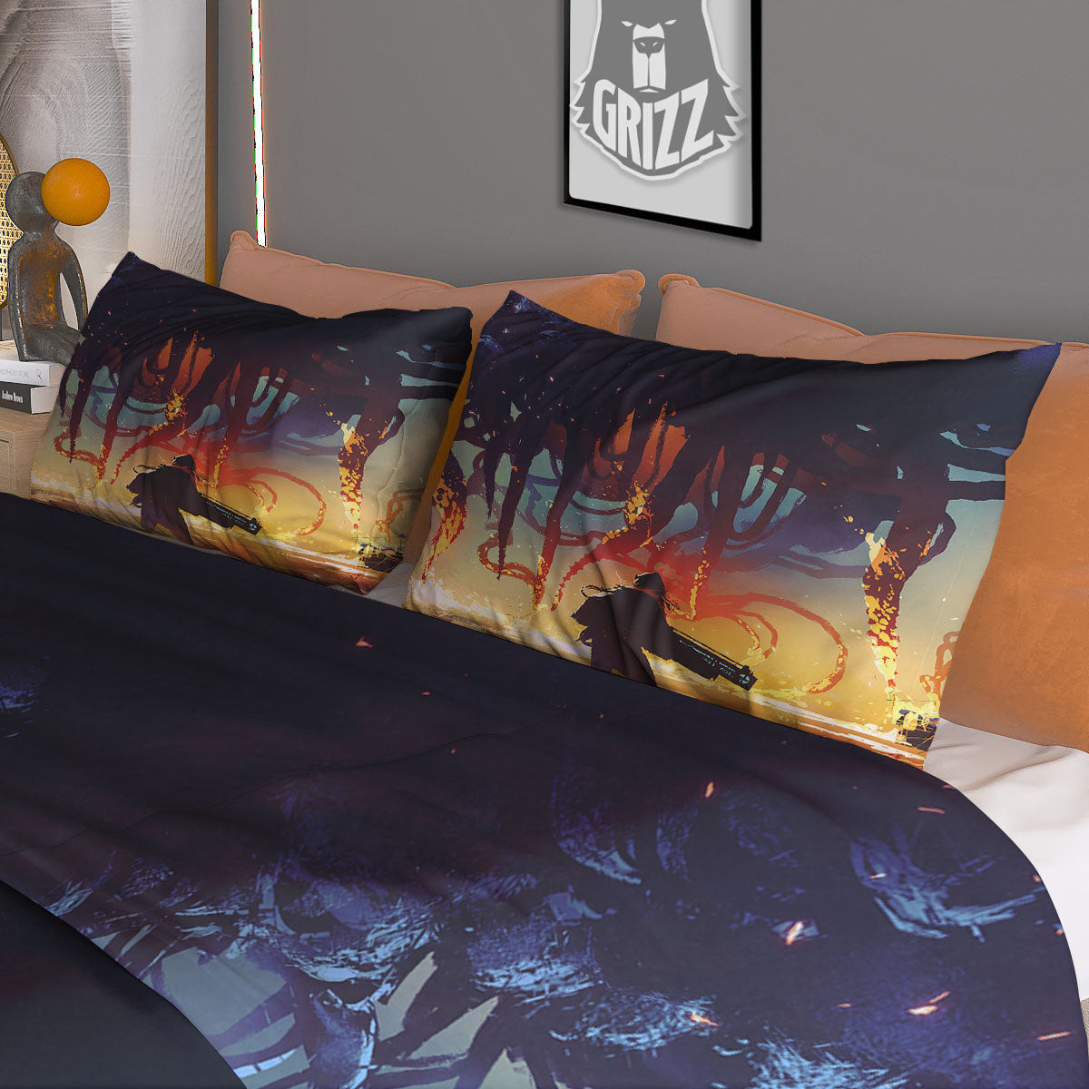 Girl Fight With Alien Octopus Monster Print Duvet Cover Bedding Set
