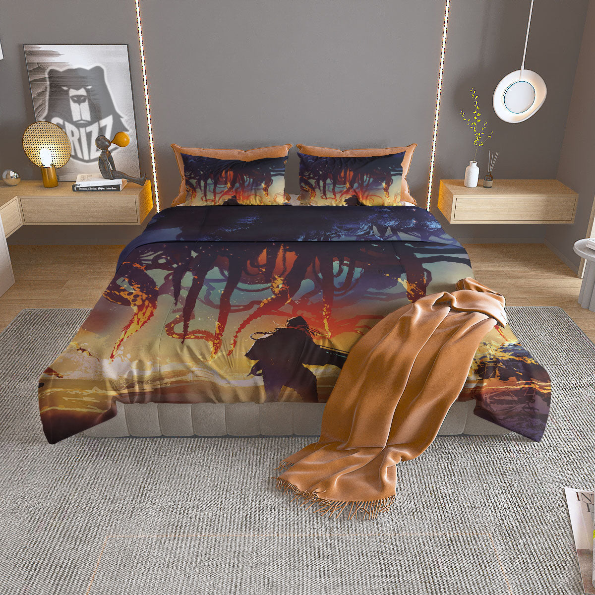 Girl Fight With Alien Octopus Monster Print Duvet Cover Bedding Set