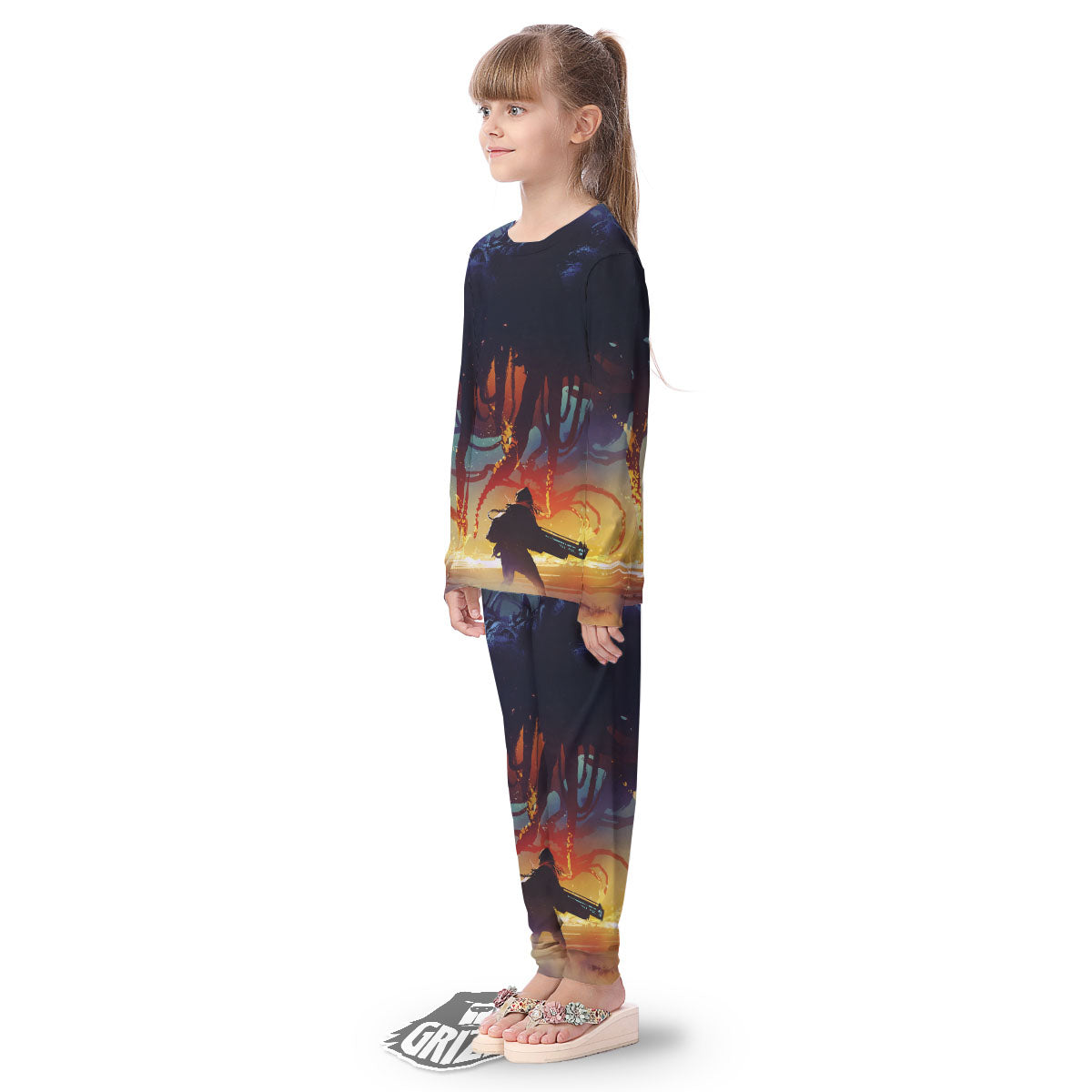 Girl Fight With Alien Octopus Monster Print Kid's Pajamas-grizzshop