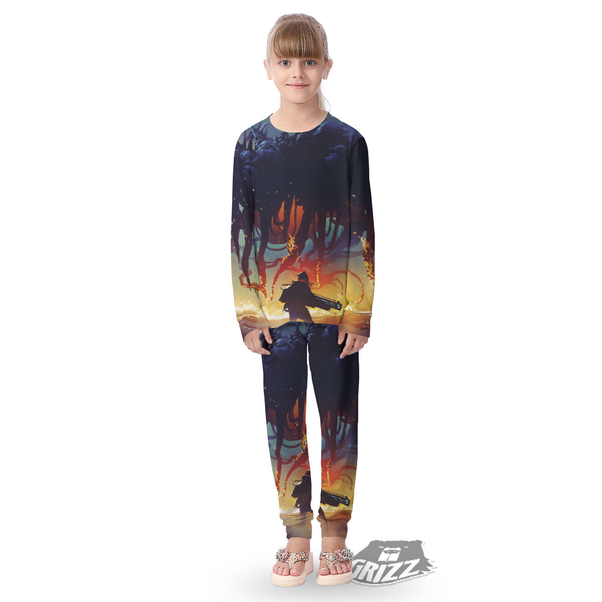 Girl Fight With Alien Octopus Monster Print Kid's Pajamas-grizzshop