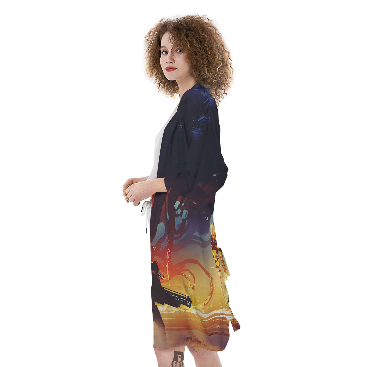 Girl Fight With Alien Octopus Monster Print Kimono-grizzshop