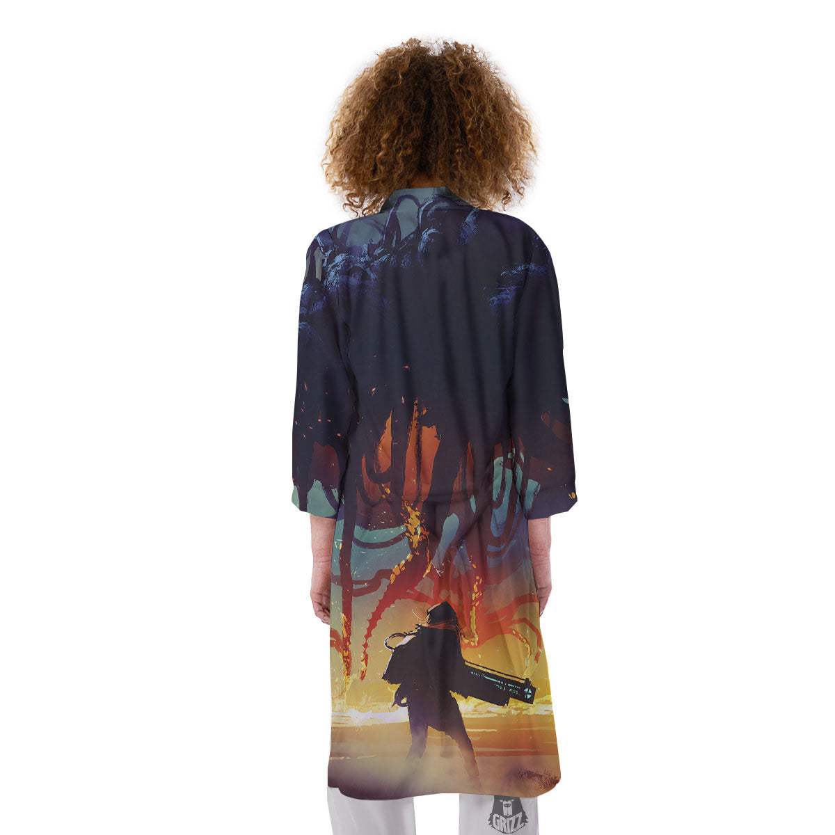 Girl Fight With Alien Octopus Monster Print Kimono-grizzshop