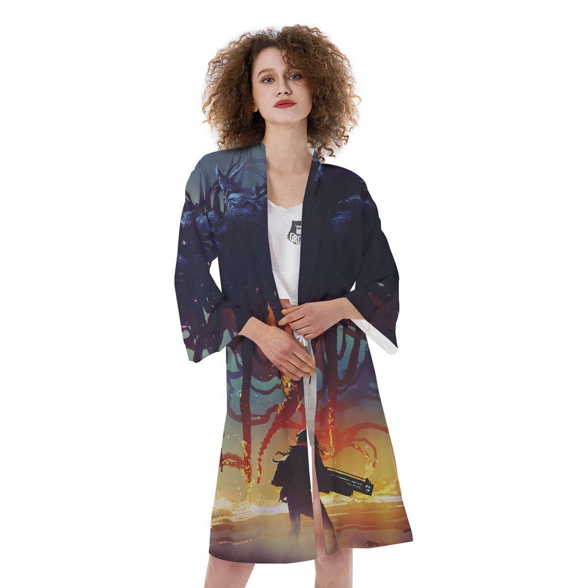 Girl Fight With Alien Octopus Monster Print Kimono-grizzshop