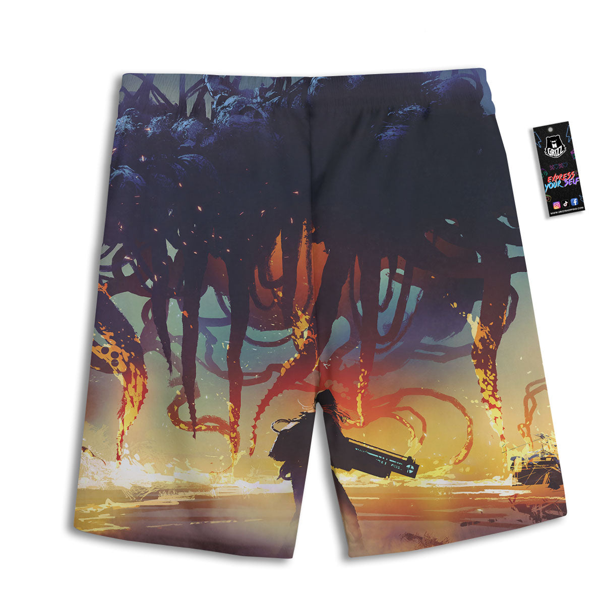 Girl Fight With Alien Octopus Monster Print Men's Athletic Shorts