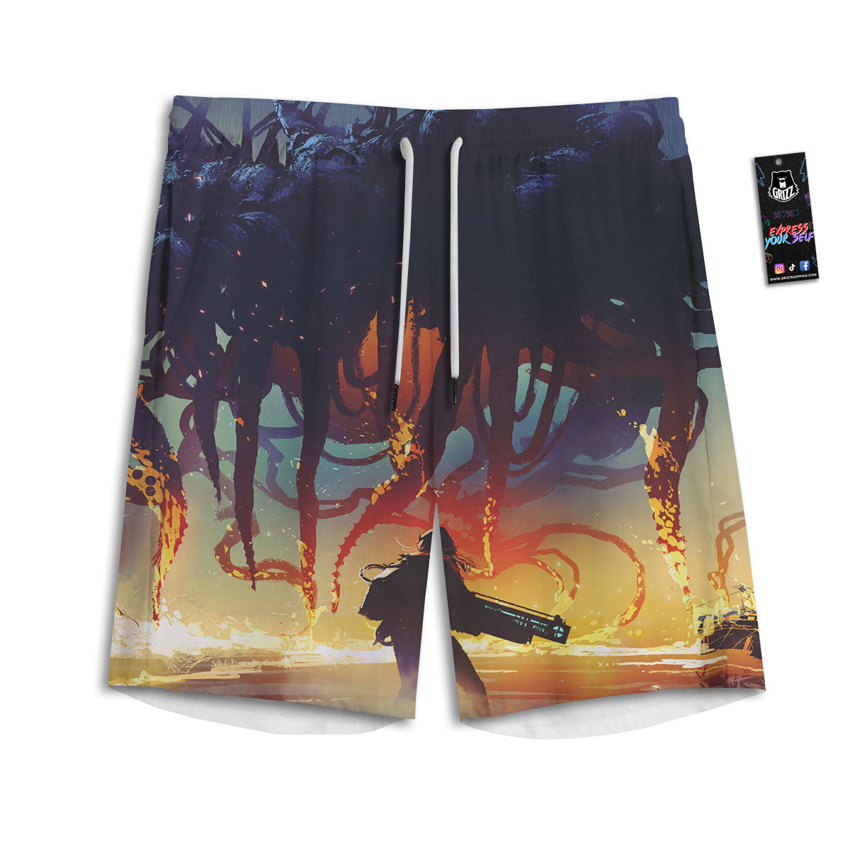 Girl Fight With Alien Octopus Monster Print Men's Athletic Shorts