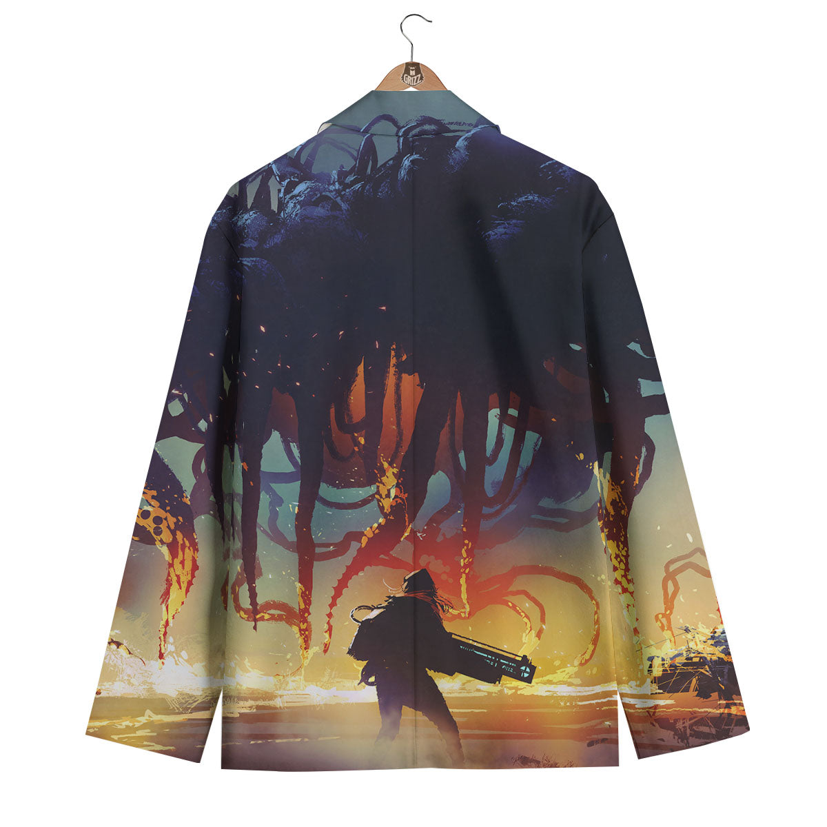 Girl Fight With Alien Octopus Monster Print Men's Blazer-grizzshop