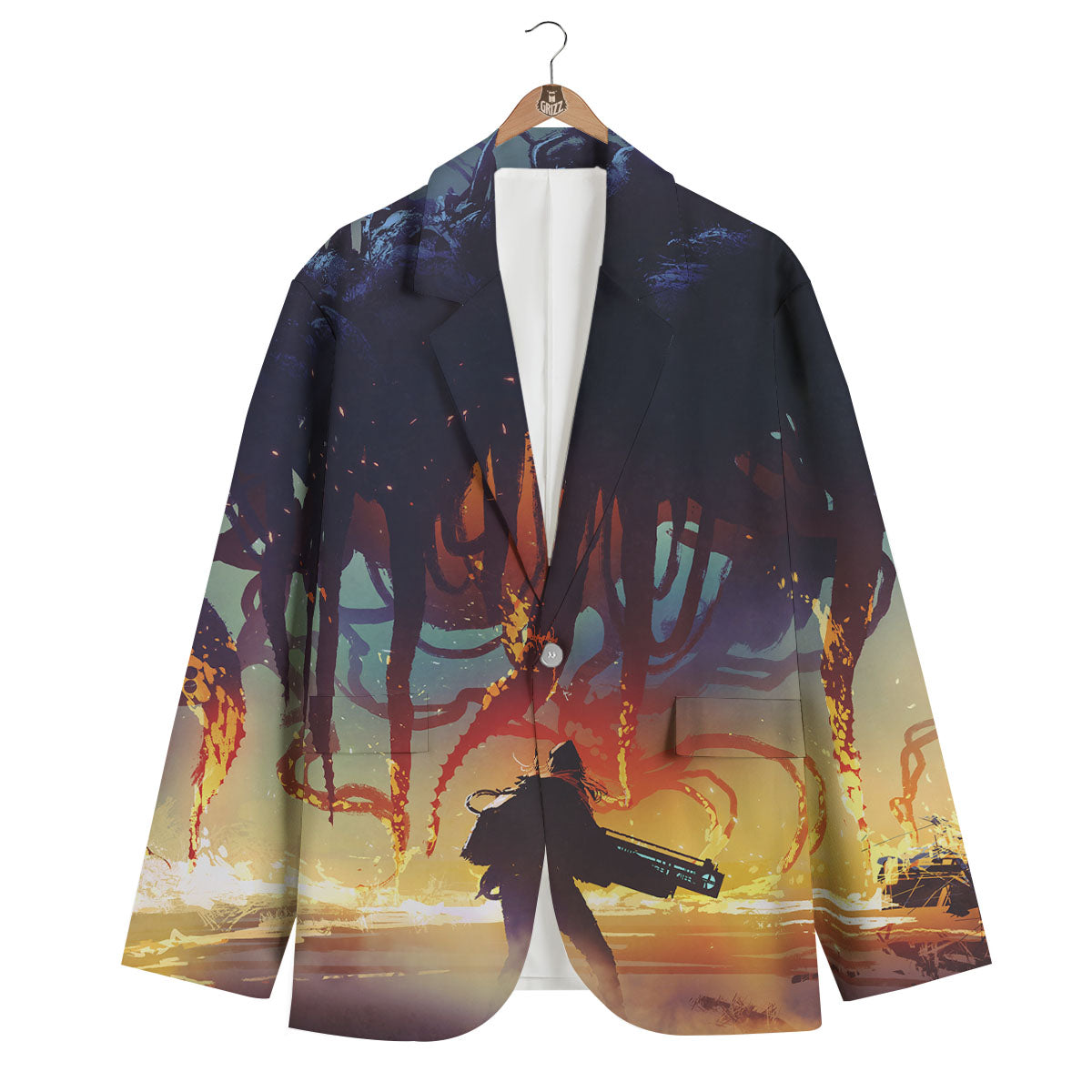 Girl Fight With Alien Octopus Monster Print Men's Blazer-grizzshop