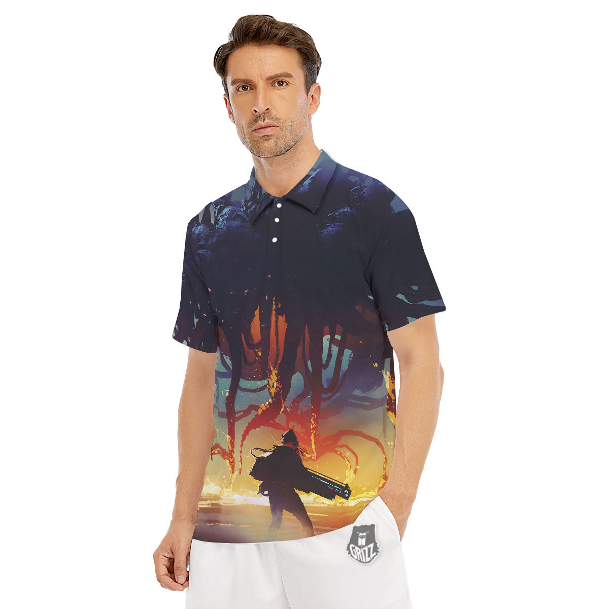 Girl Fight With Alien Octopus Monster Print Men's Golf Shirts-grizzshop
