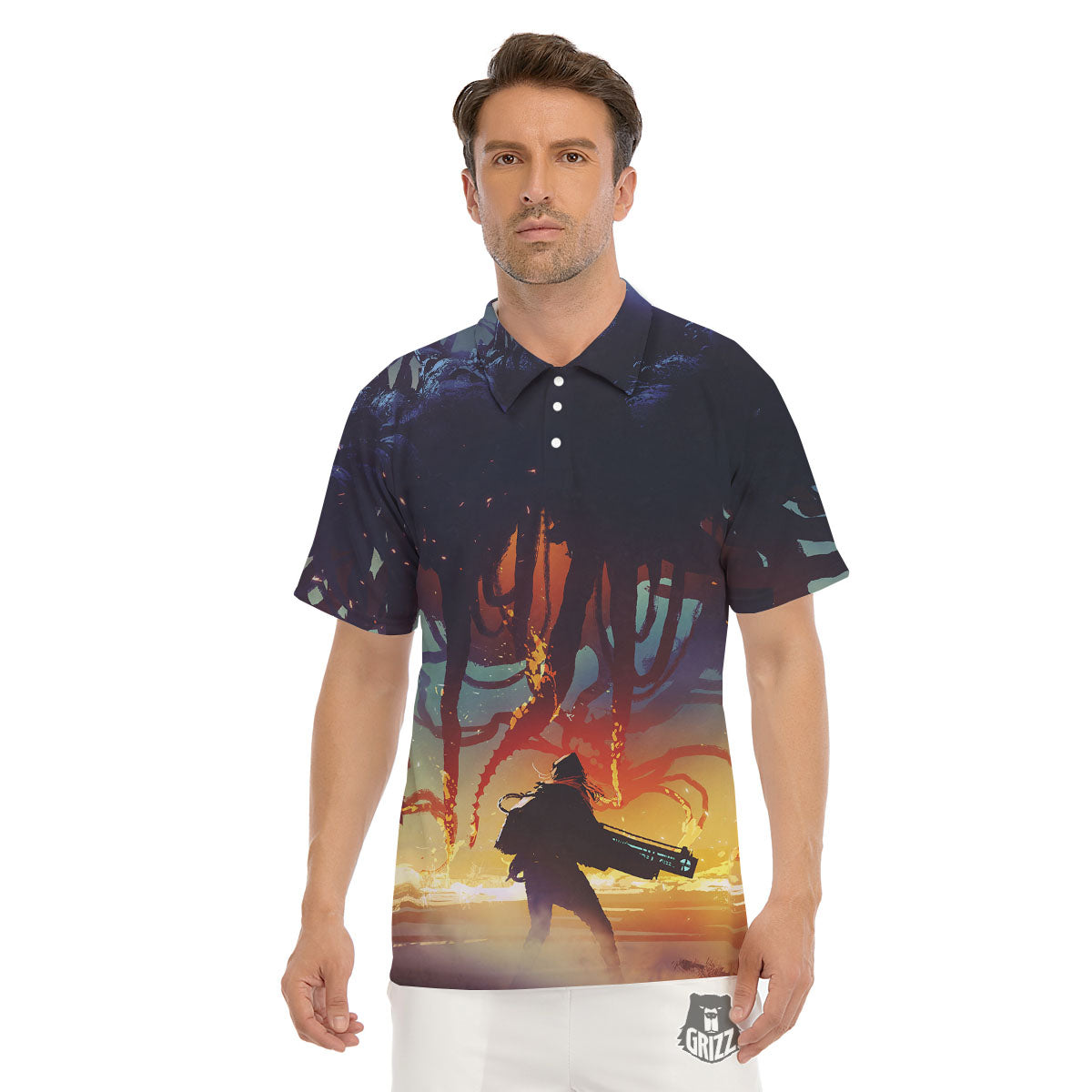 Girl Fight With Alien Octopus Monster Print Men's Golf Shirts-grizzshop