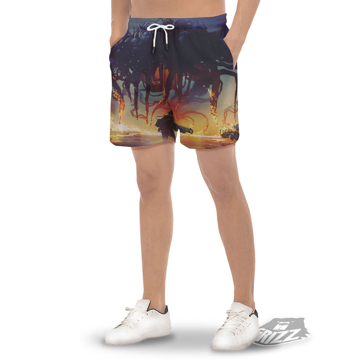 Girl Fight With Alien Octopus Monster Print Men's Gym Shorts-grizzshop