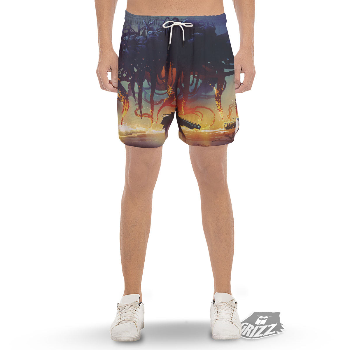 Girl Fight With Alien Octopus Monster Print Men's Gym Shorts-grizzshop