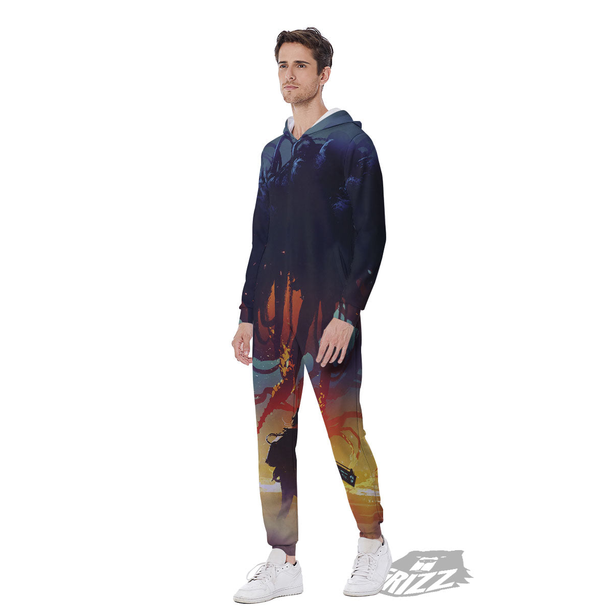 Girl Fight With Alien Octopus Monster Print Men's Jumpsuit-grizzshop
