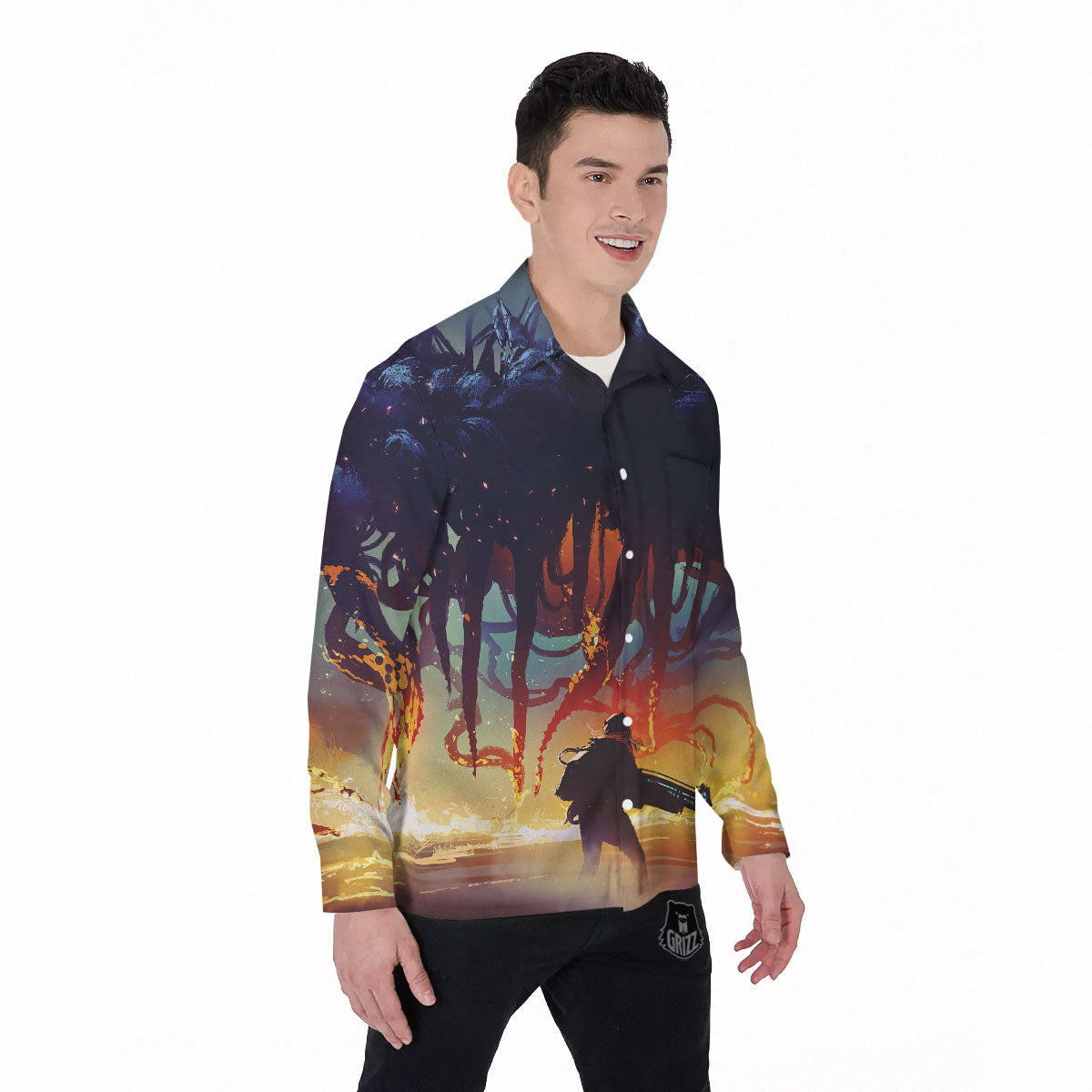 Girl Fight With Alien Octopus Monster Print Men's Long Sleeve Shirts-grizzshop