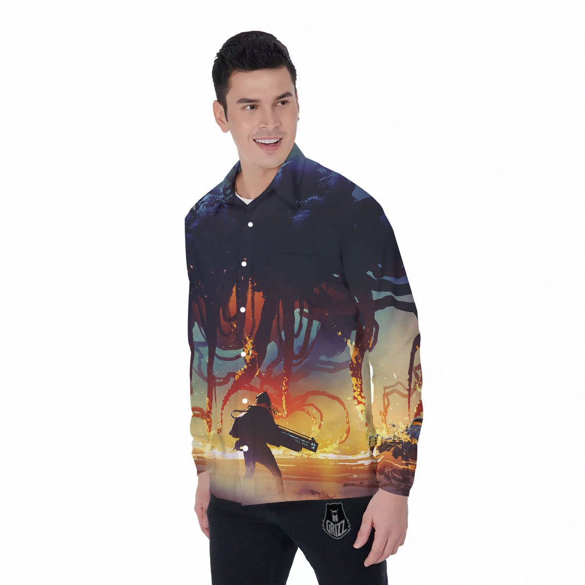 Girl Fight With Alien Octopus Monster Print Men's Long Sleeve Shirts-grizzshop