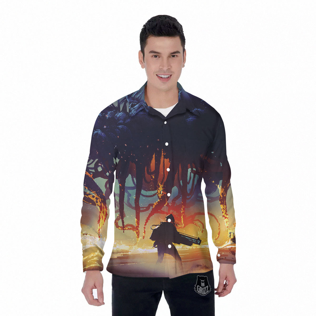 Girl Fight With Alien Octopus Monster Print Men's Long Sleeve Shirts-grizzshop