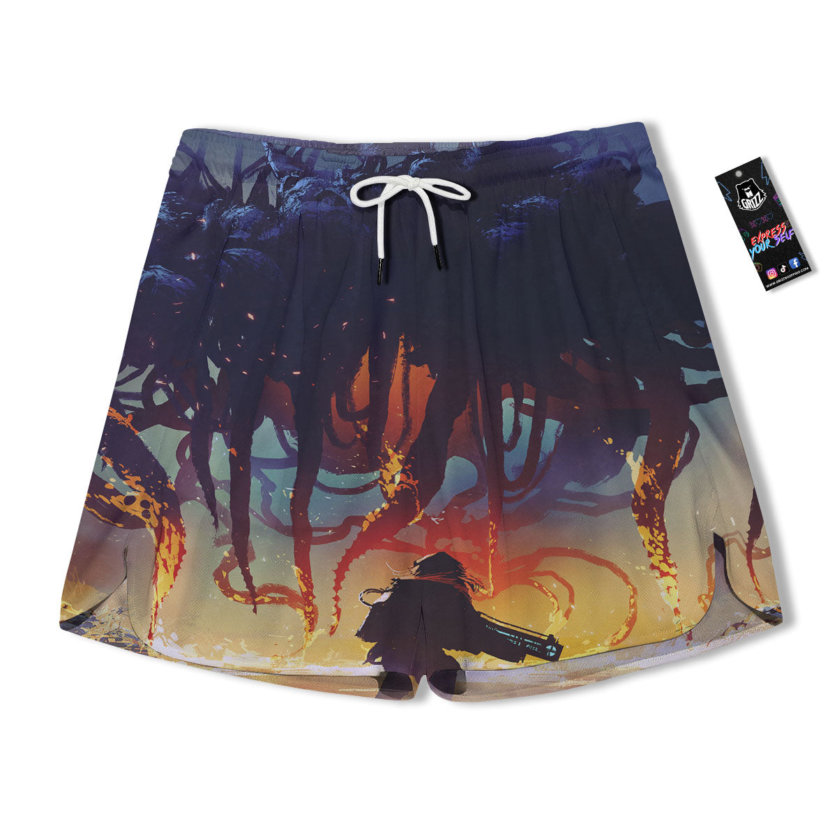 Girl Fight With Alien Octopus Monster Print Men's Running Shorts-grizzshop