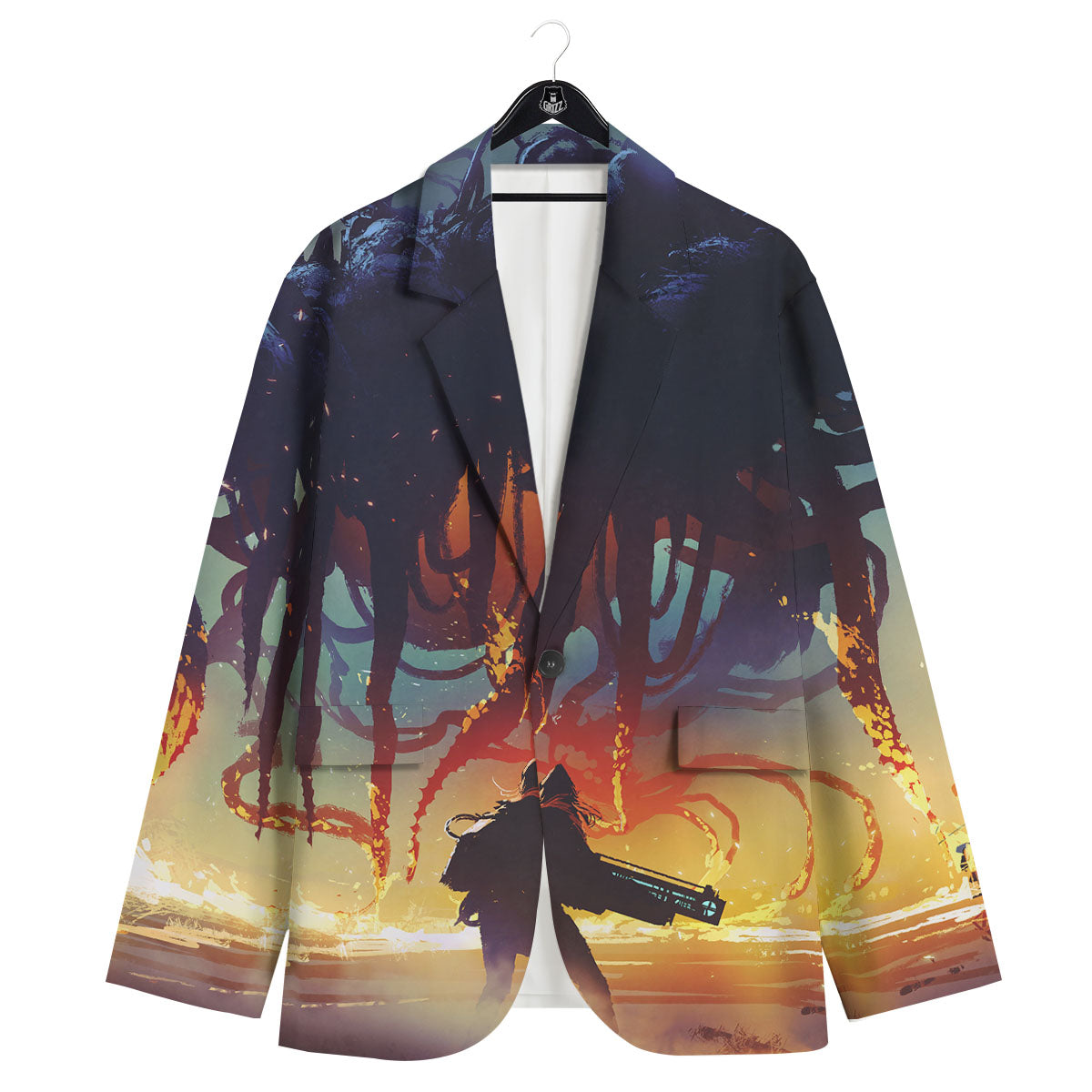 Girl Fight With Alien Octopus Monster Print Men's Sport Coat-grizzshop