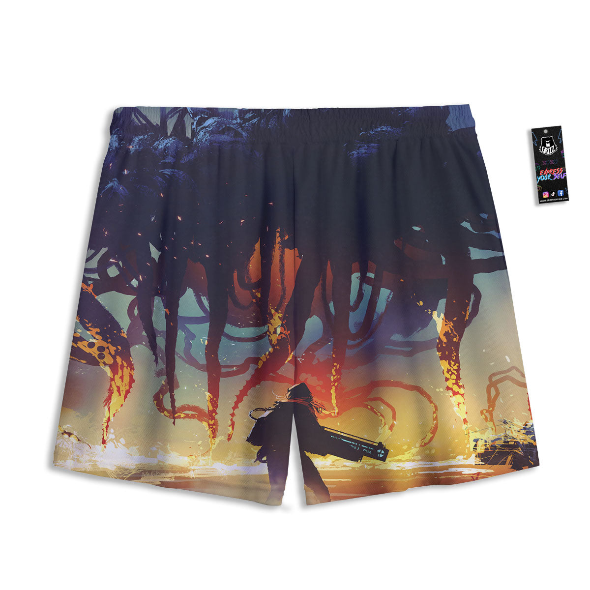 Hawaiian Tropical Dark Purple Print Pattern Mesh Shorts