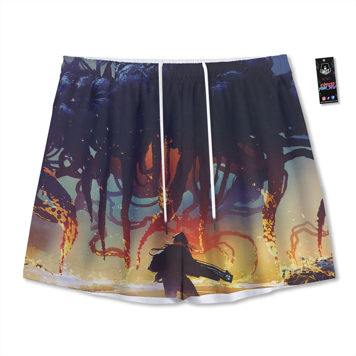 Hawaiian Tropical Dark Purple Print Pattern Mesh Shorts