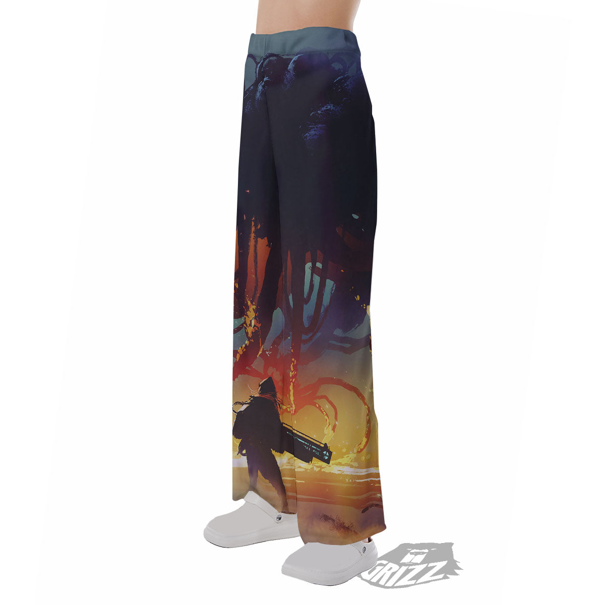 Girl Fight With Alien Octopus Monster Print Pajama Pants-grizzshop