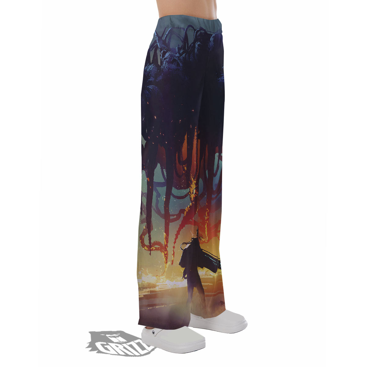 Girl Fight With Alien Octopus Monster Print Pajama Pants-grizzshop