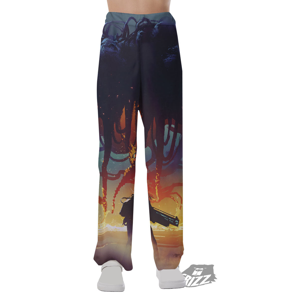 Girl Fight With Alien Octopus Monster Print Pajama Pants-grizzshop