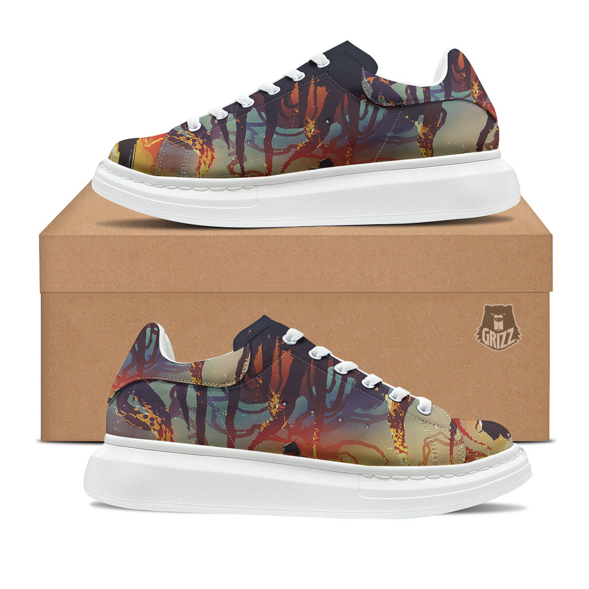 Girl Fight With Alien Octopus Monster Print Platform Shoes-grizzshop