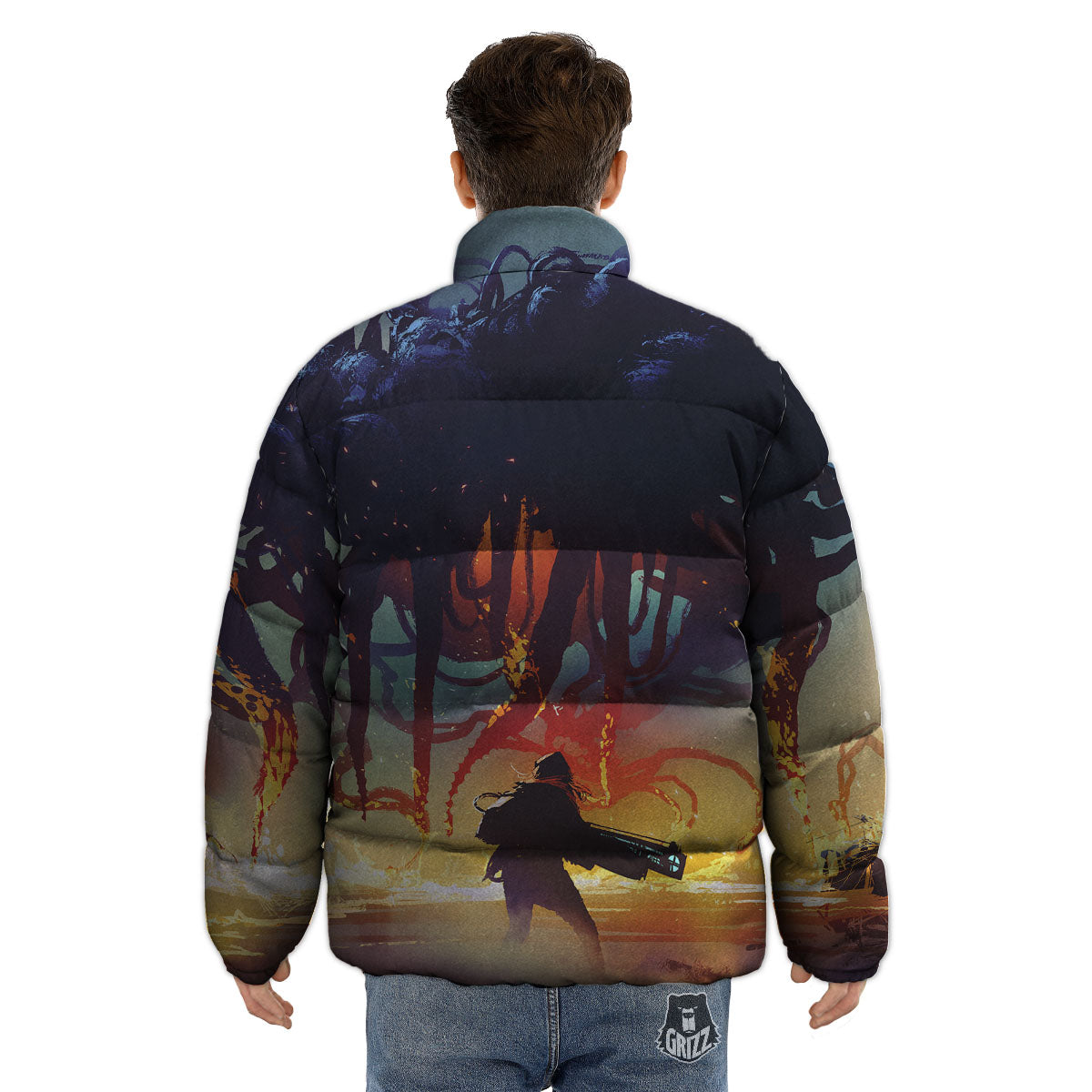 Girl Fight With Alien Octopus Monster Print Puffer Jacket-grizzshop