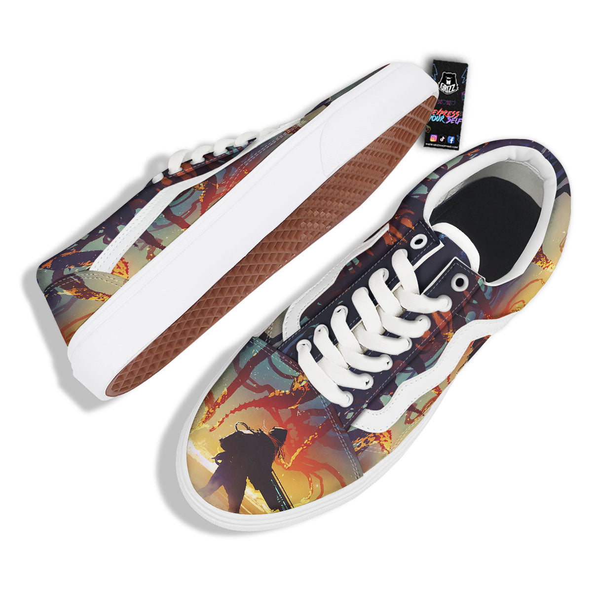 Girl Fight With Alien Octopus Monster Print Skate Shoes-grizzshop