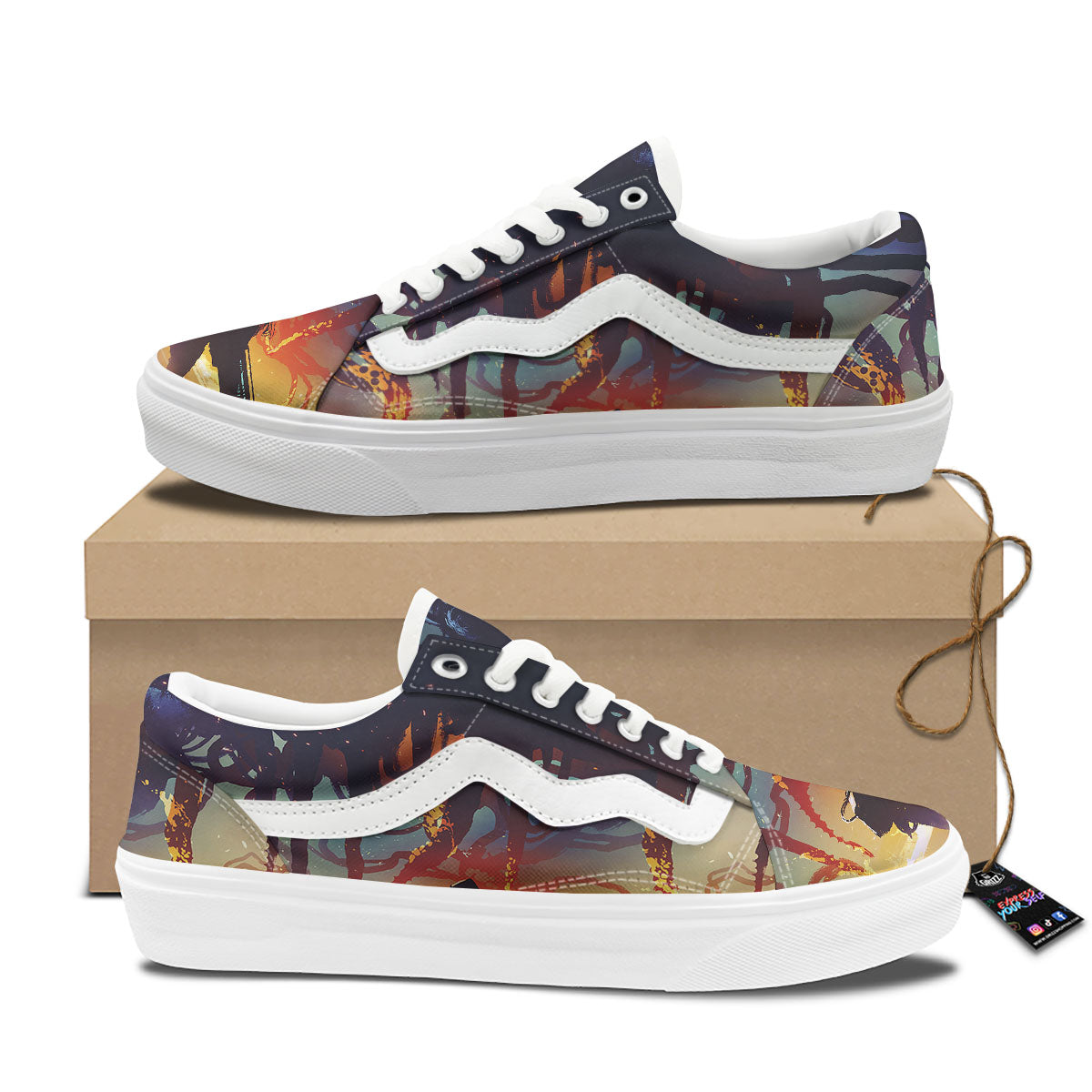 Girl Fight With Alien Octopus Monster Print Skate Shoes-grizzshop