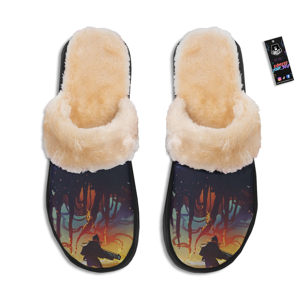 Girl Fight With Alien Octopus Monster Print Slippers-grizzshop