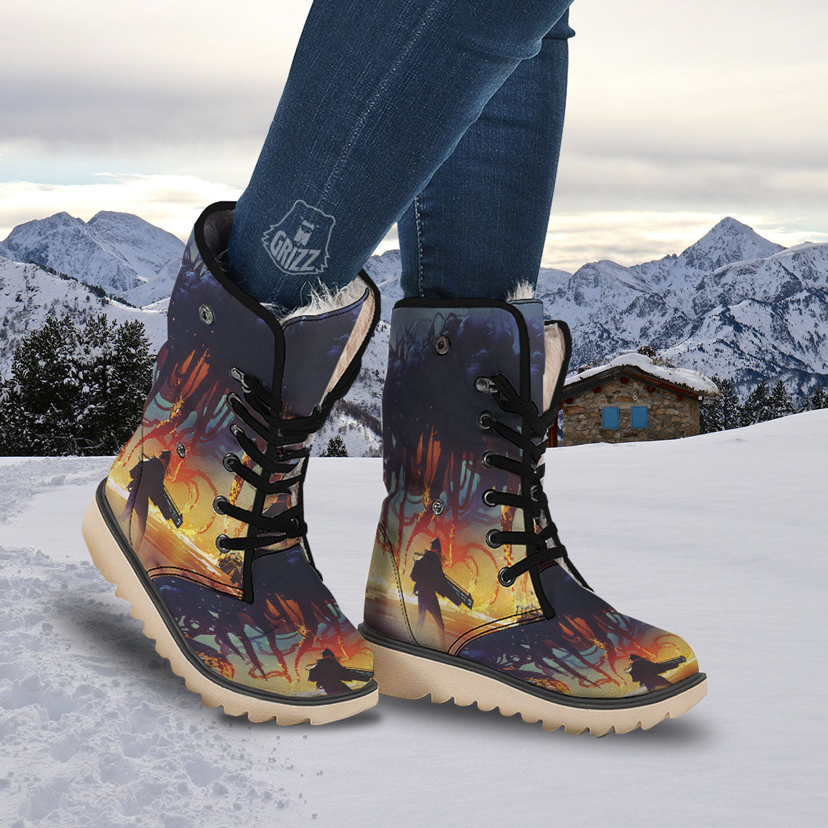 Girl Fight With Alien Octopus Monster Print Snow Boots-grizzshop