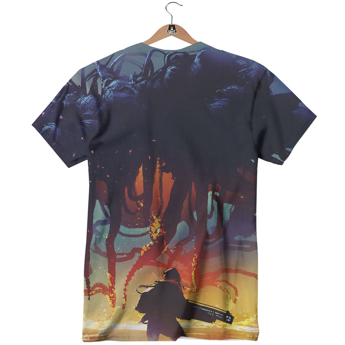 Girl Fight With Alien Octopus Monster Print T-Shirt-grizzshop
