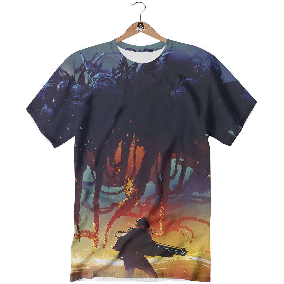 Girl Fight With Alien Octopus Monster Print T-Shirt-grizzshop