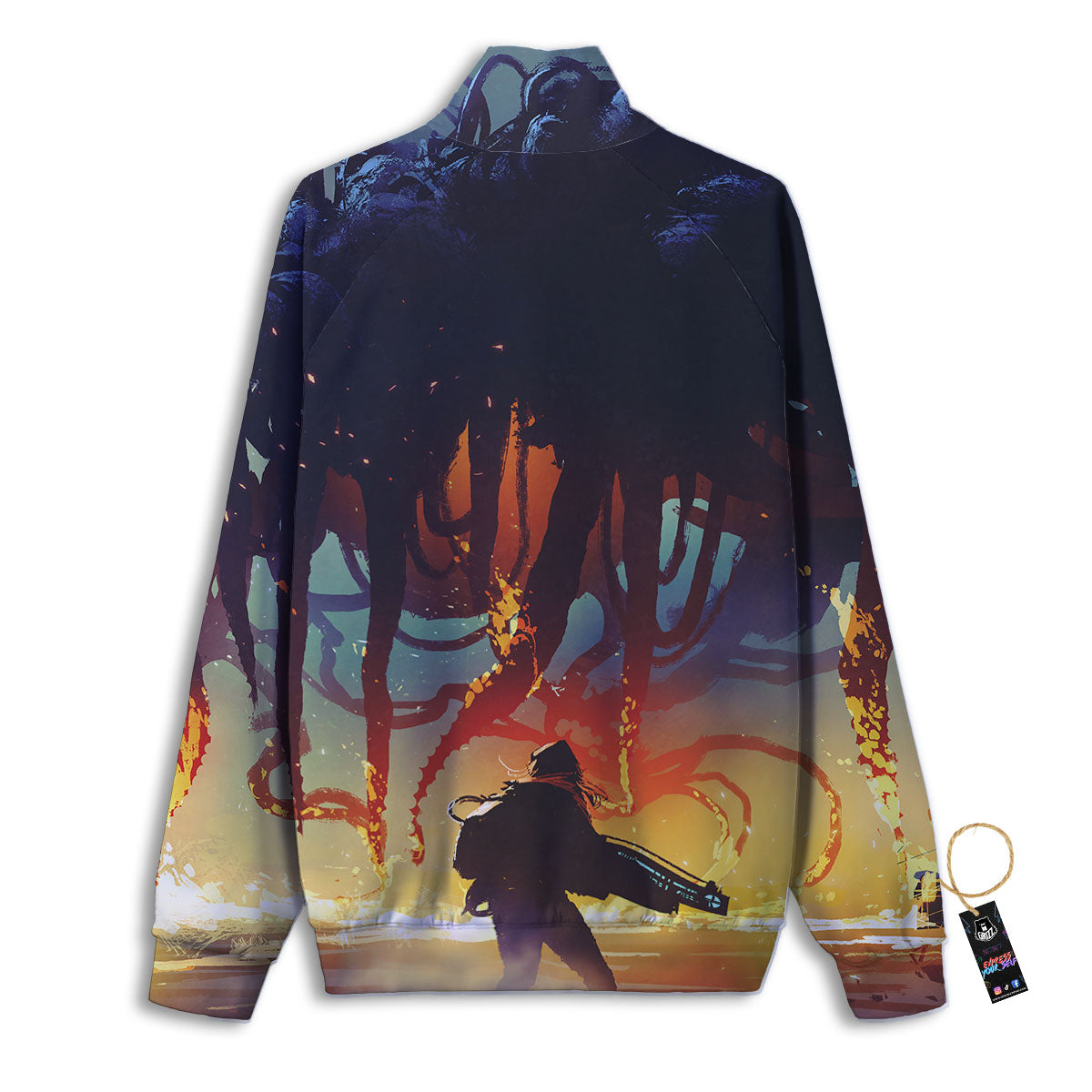 Girl Fight With Alien Octopus Monster Print Track Jacket-grizzshop