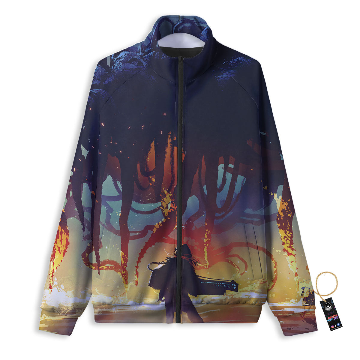 Girl Fight With Alien Octopus Monster Print Track Jacket-grizzshop